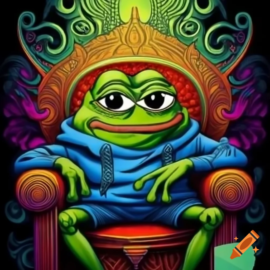 Psychedelic depiction of Pepe the Frog on a throne on Craiyon
