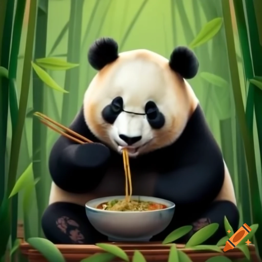 Realistic panda eating pho in bamboo forest
