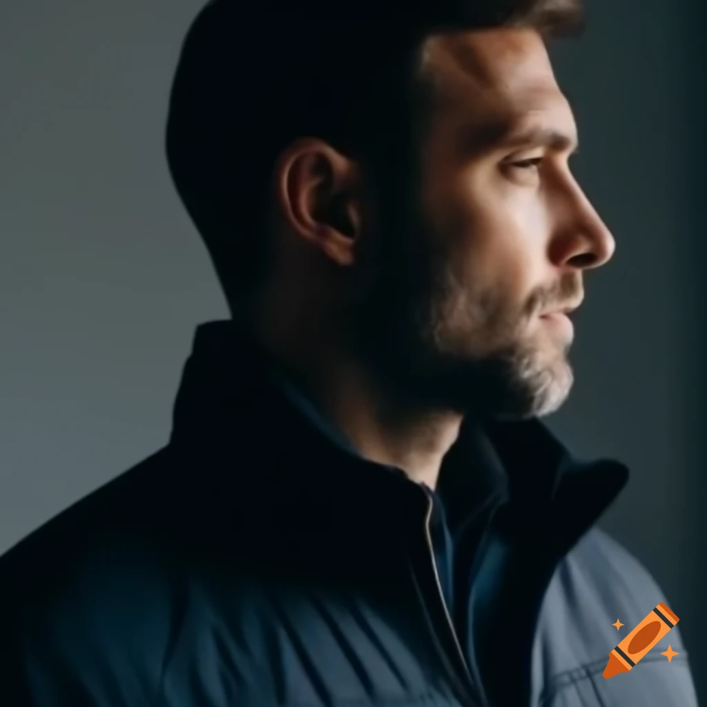 Male security service employee in dark clothing, side view half profile