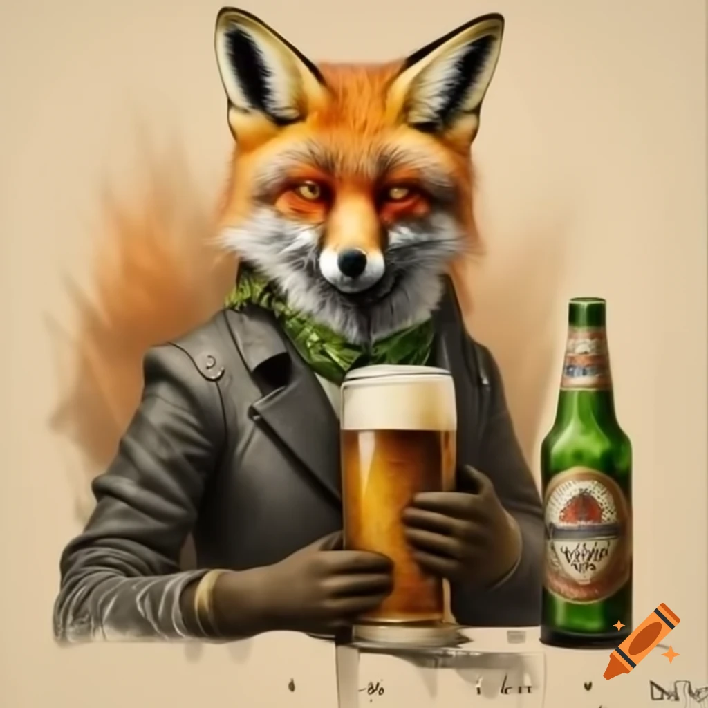 Fox with beer bottle and smirk in 1800s etching style