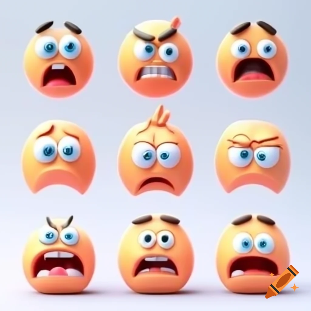 Grid of nine unique 3D cartoon faces displaying various emotions
