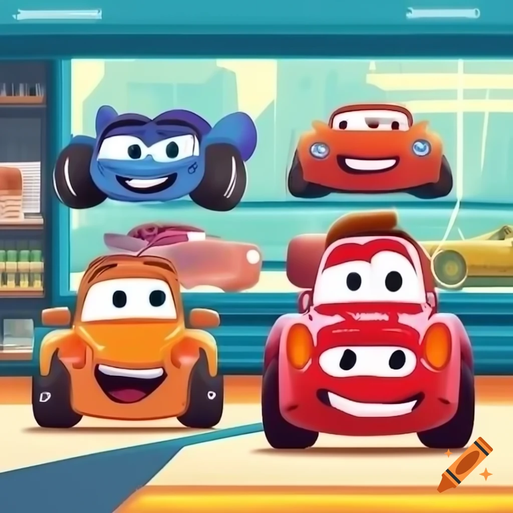 Animated cars with faces being repaired in a workshop