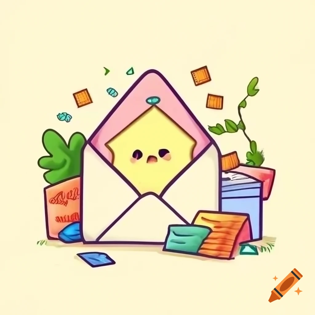 Cute drawing of envelopes with ribbon, scattered recipe cards, herbs, and colorful vials