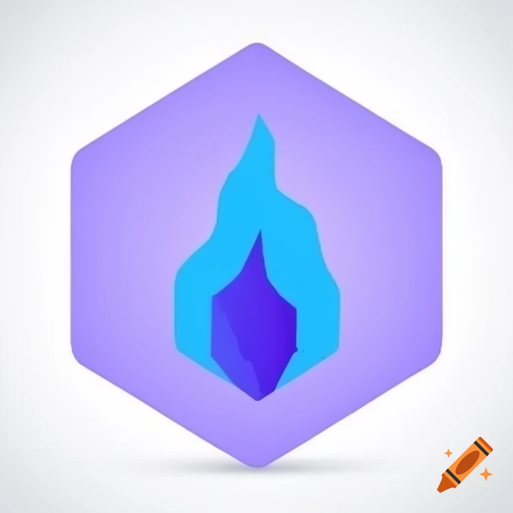 Violet hexagonal gem engulfed in blue flame in 2D space