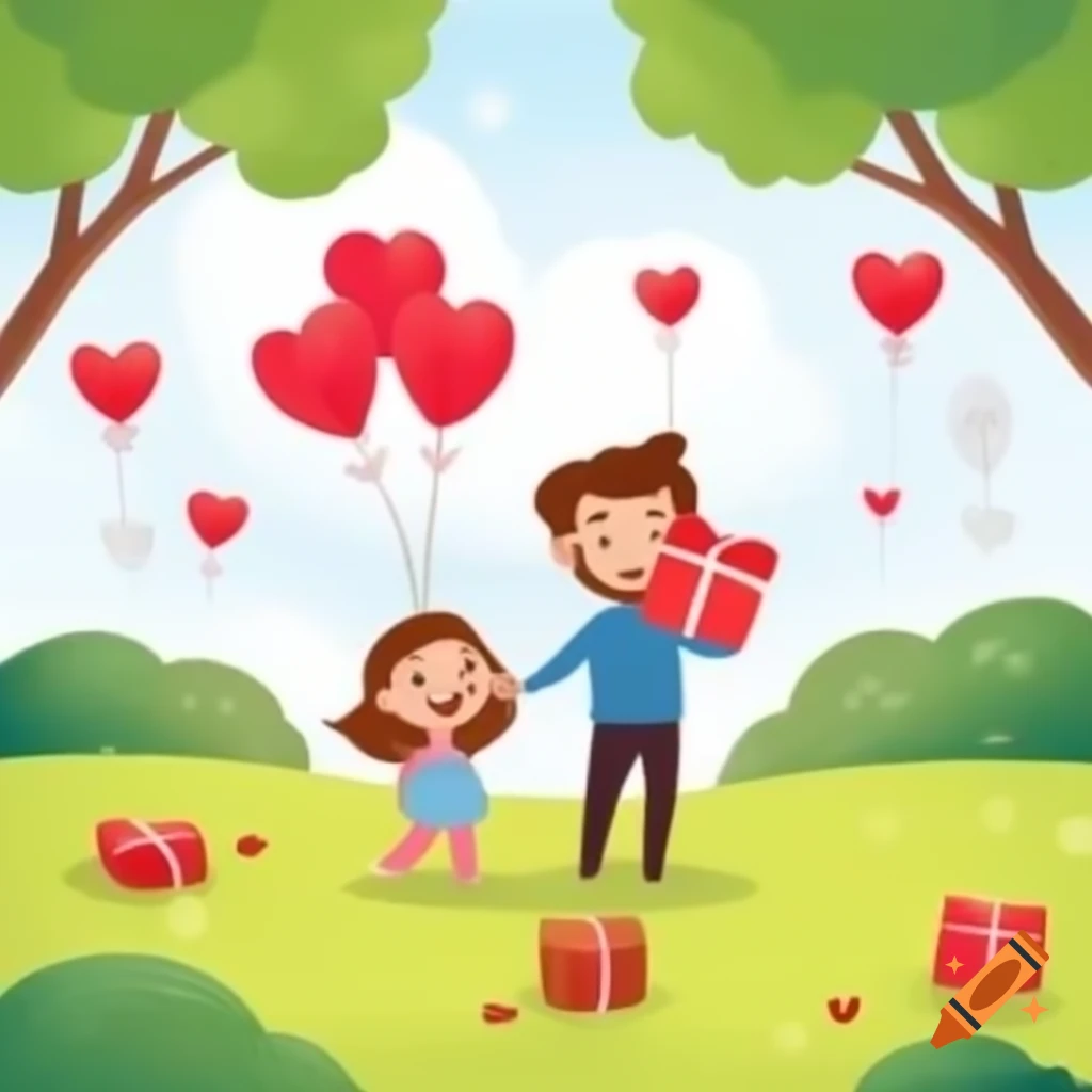 Cartoon scene of dad and daughter in park with balloons and hearts