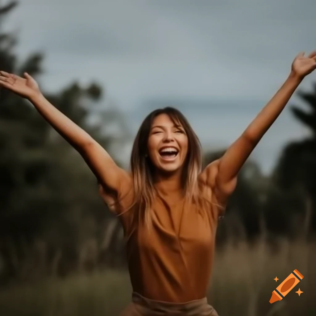 Joyful adult celebrating outdoors with arms raised, conveying vitality
