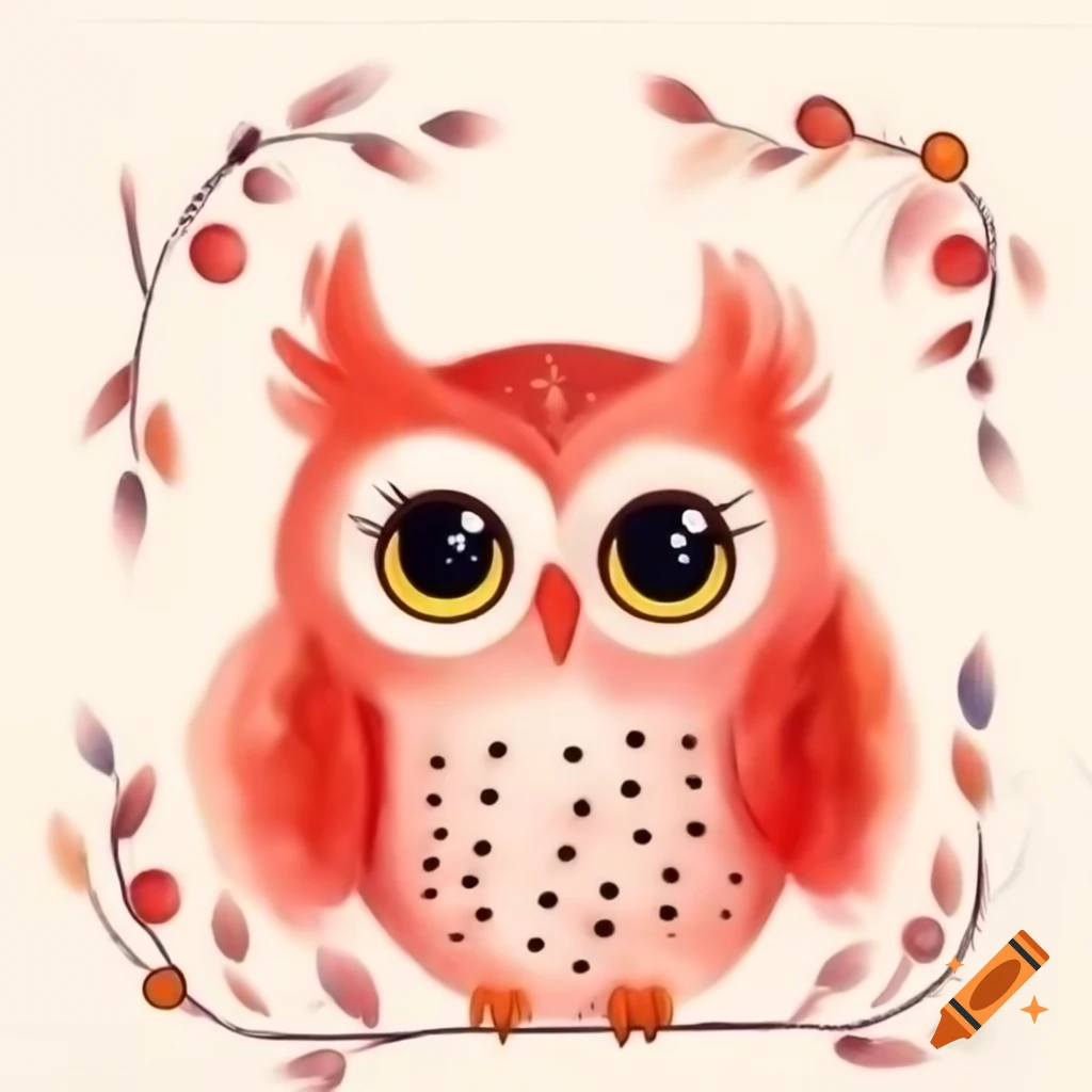 Charming watercolor painting of red owl with feminine expression and delicate features