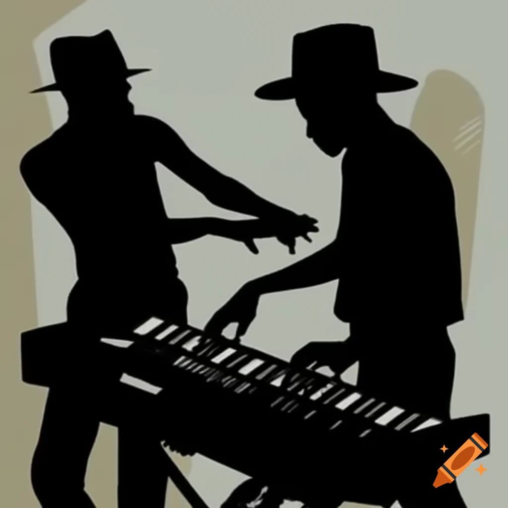 Silhouettes of two men in hats playing synthesizers on Craiyon