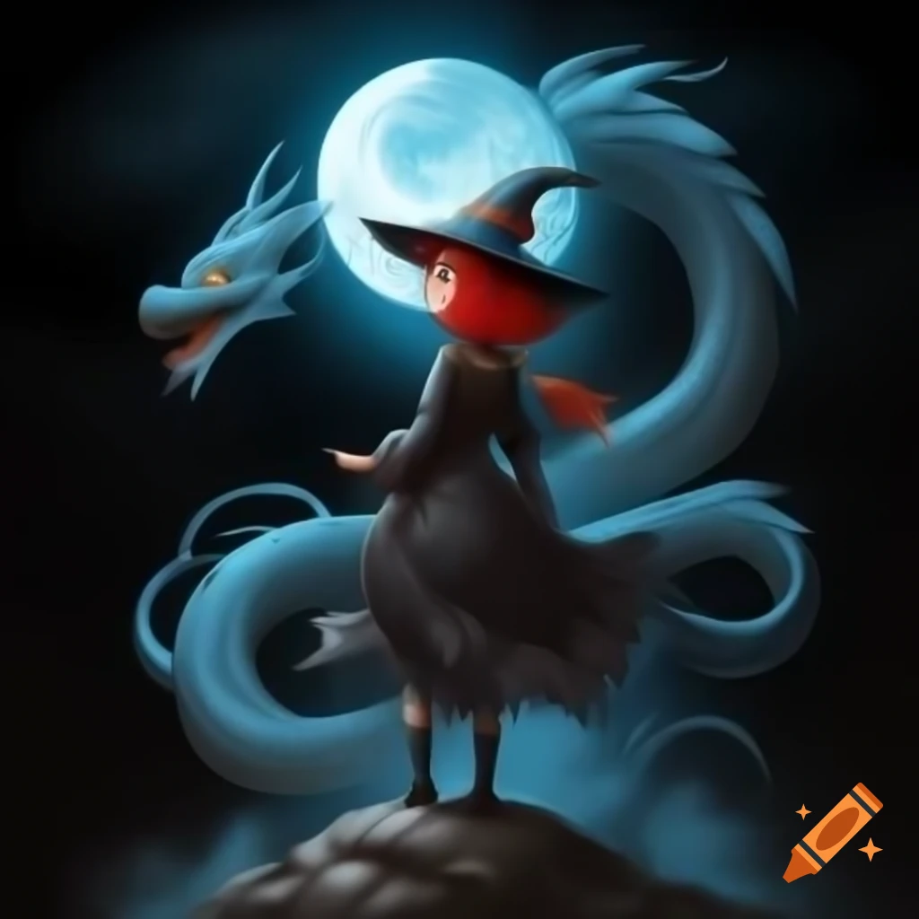 Witch with red and black hair standing on rock under blue moon with dragon-shaped smoke
