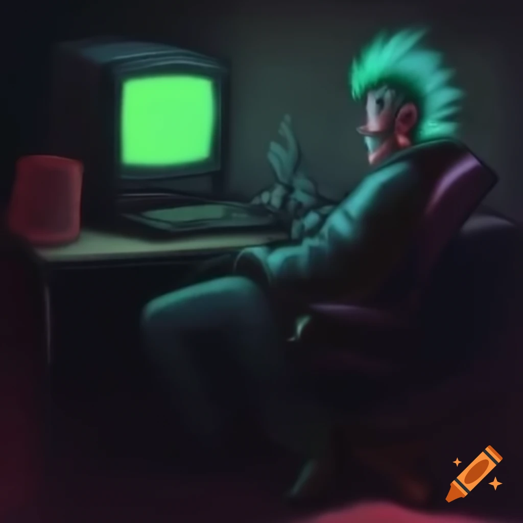 90s computer hacker with green Mohawk and evil grin in dimly lit room ...