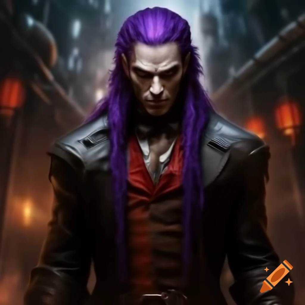 Tall male vampire in steampunk attire with purple hair and vermilion clothing