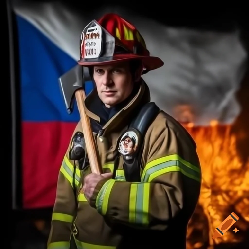 Firefighter battling flames with axe and Czech Republic flag in background