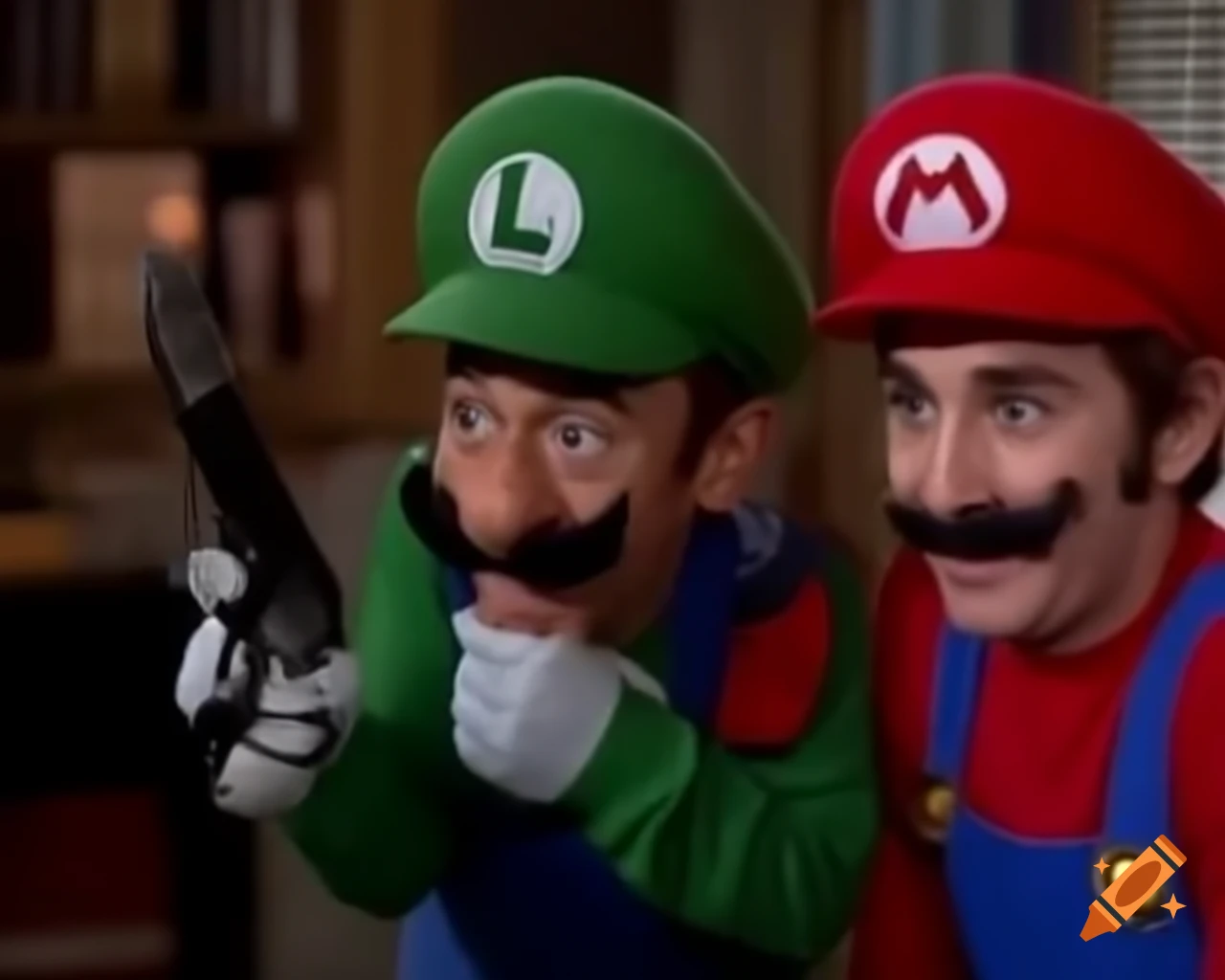 90s sitcom scene with Mario and Luigi holding guns