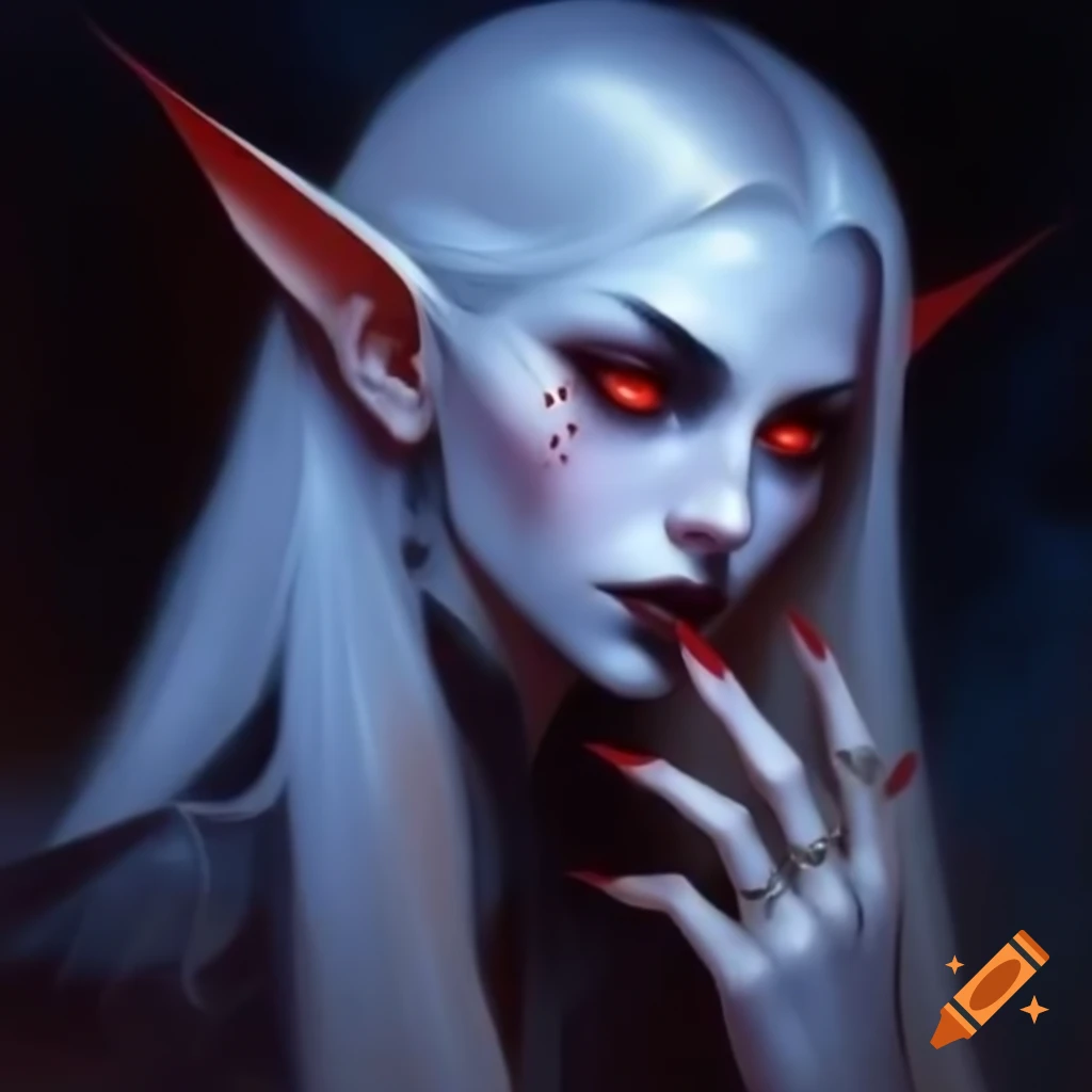 Captivating portrait of a vampire woman with long white hair and sharp ...