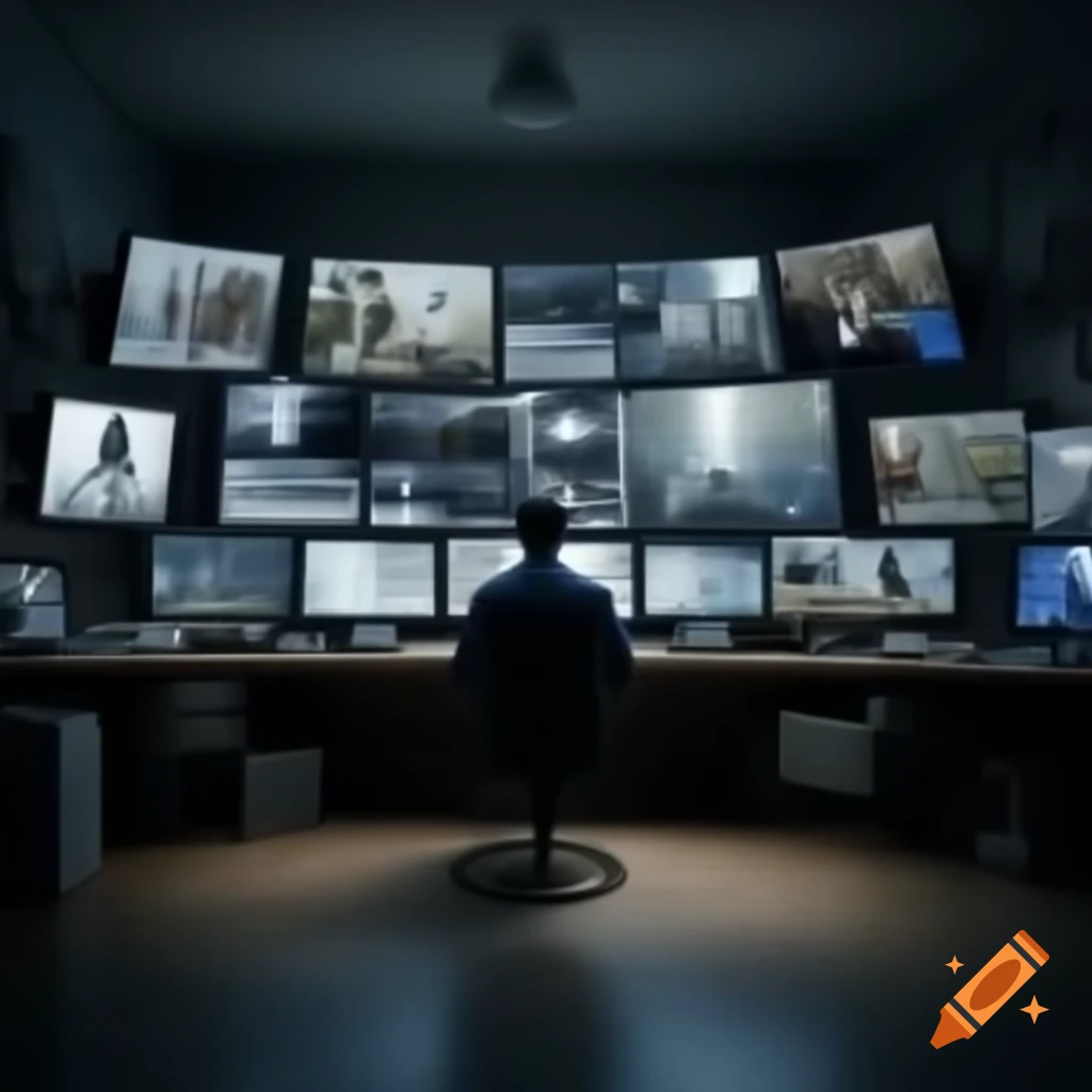 Lone figure in dark room watching multiple surveillance screens
