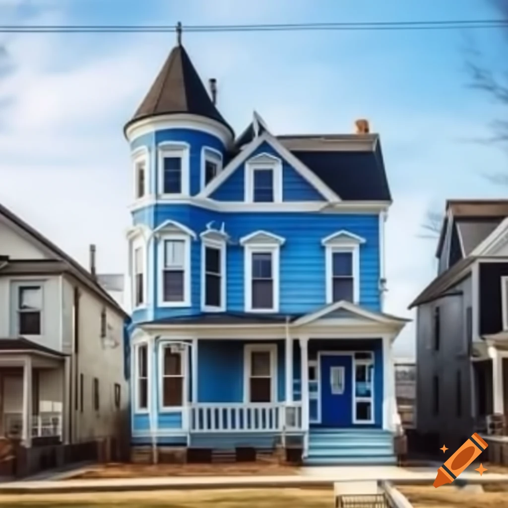 Large blue and white house in an urban setting