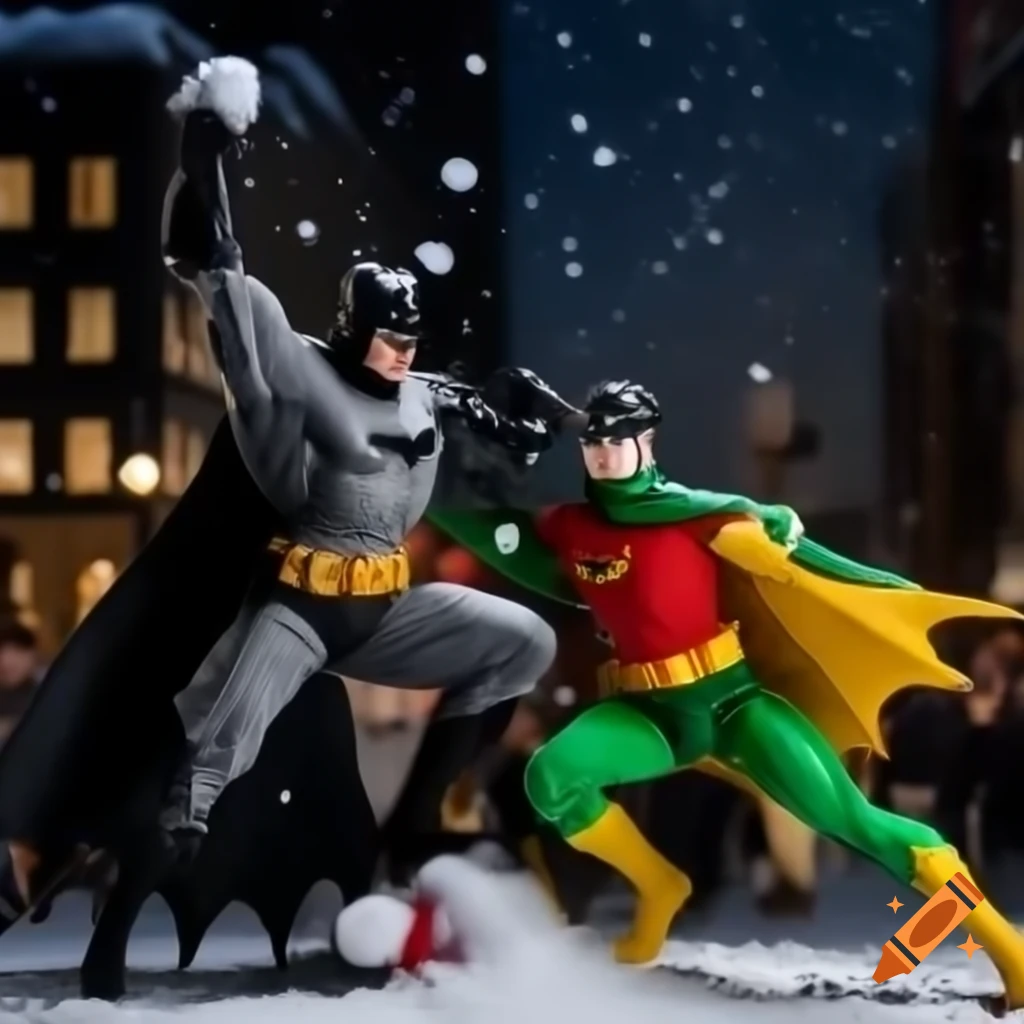 Batman and Robin in festive Gotham City with snow and Christmas decorations  on Craiyon, image size:1024x1024