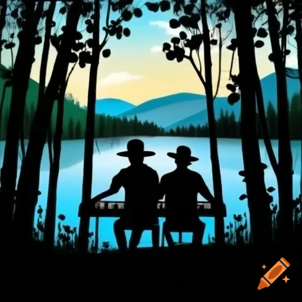 Silhouettes of two men with hats playing synthesizer in summer woods by ...
