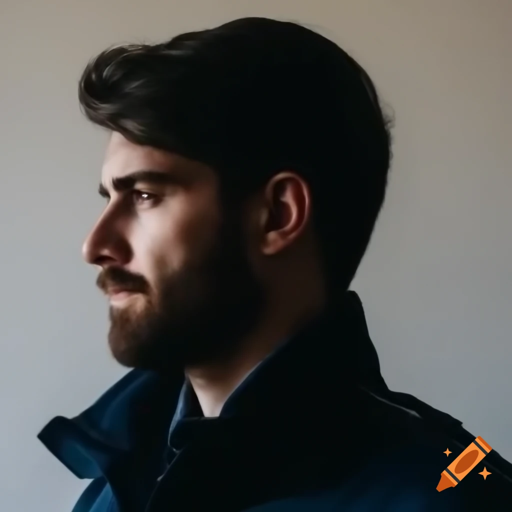 Male security service employee in dark clothing, side profile