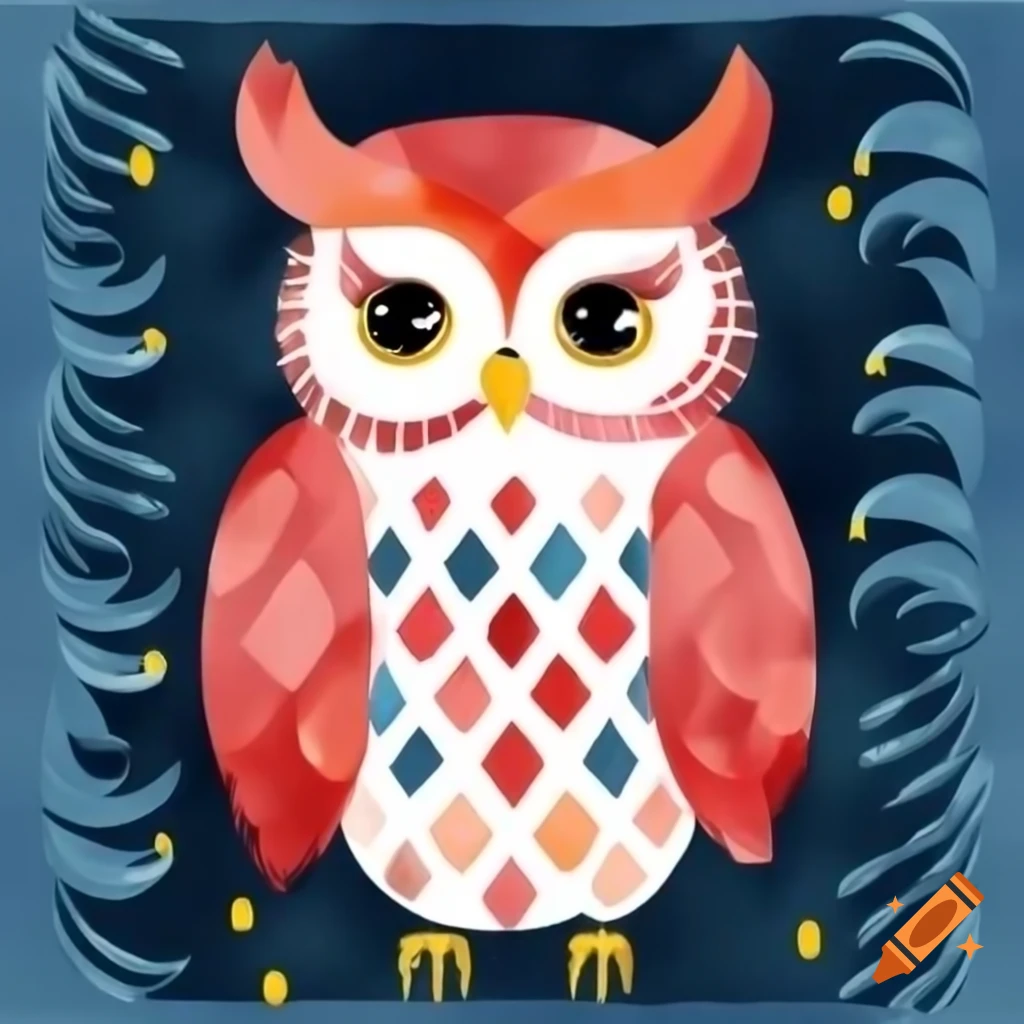 Cute red owl with feathered eyebrows and white face in watercolor style