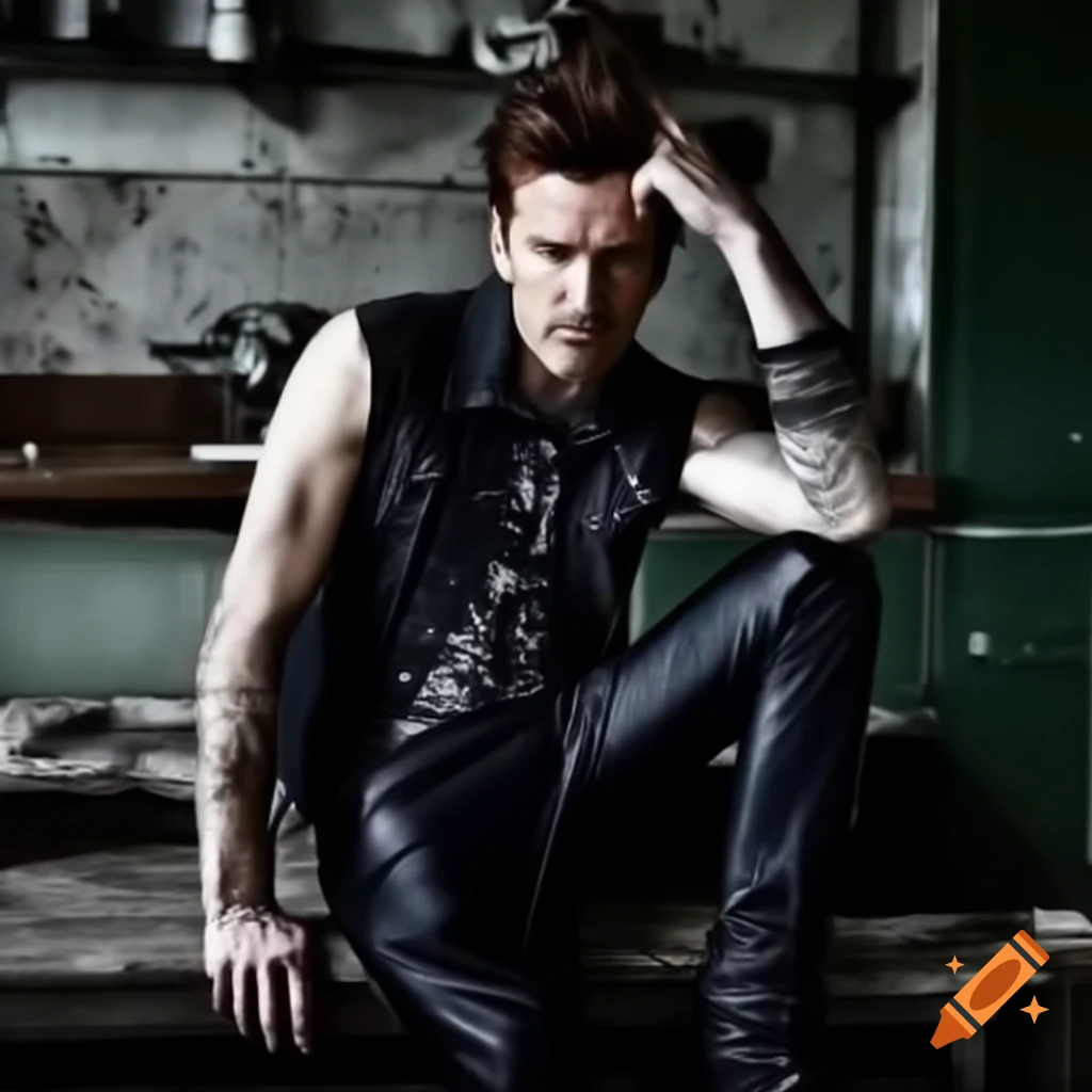 Punk-style portrait of British actor Ewan McGregor in sleeveless denim  jacket and leather pants on Craiyon, image size:1024x1024