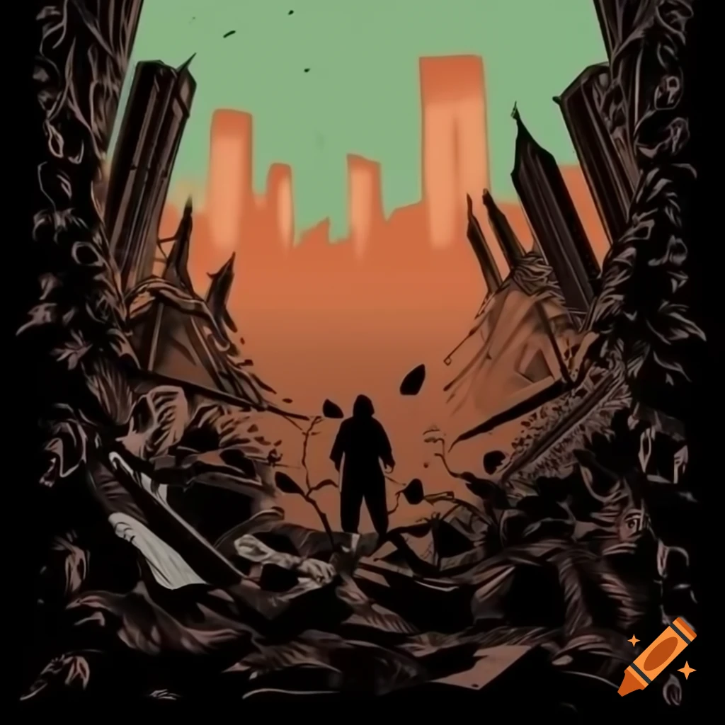 Survivors searching rubble in a desolate cityscape, tension in the air