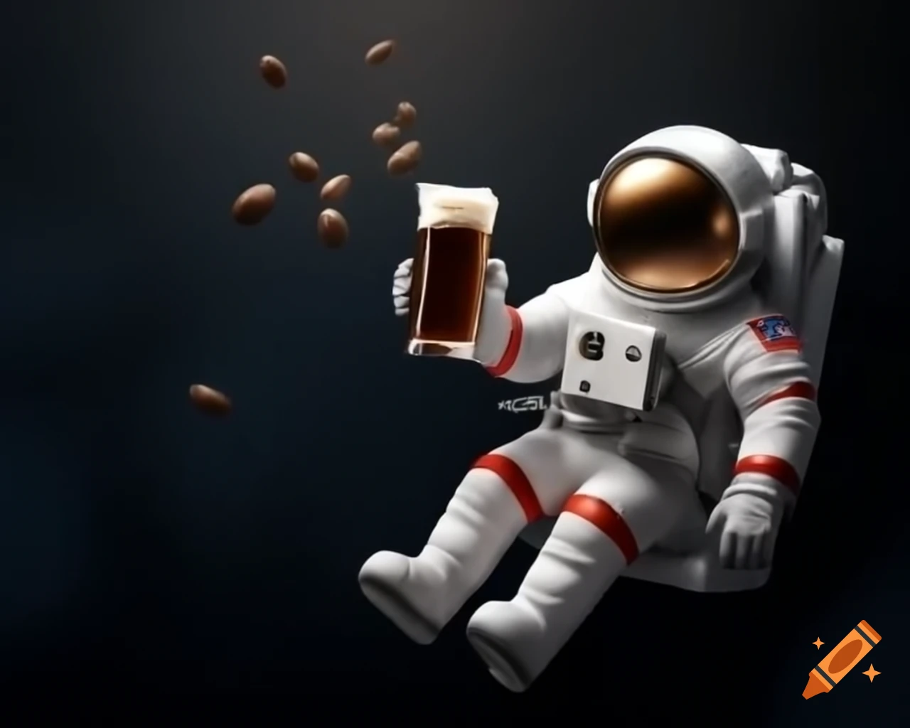 Astronaut floating in space holding beer and coffee bean