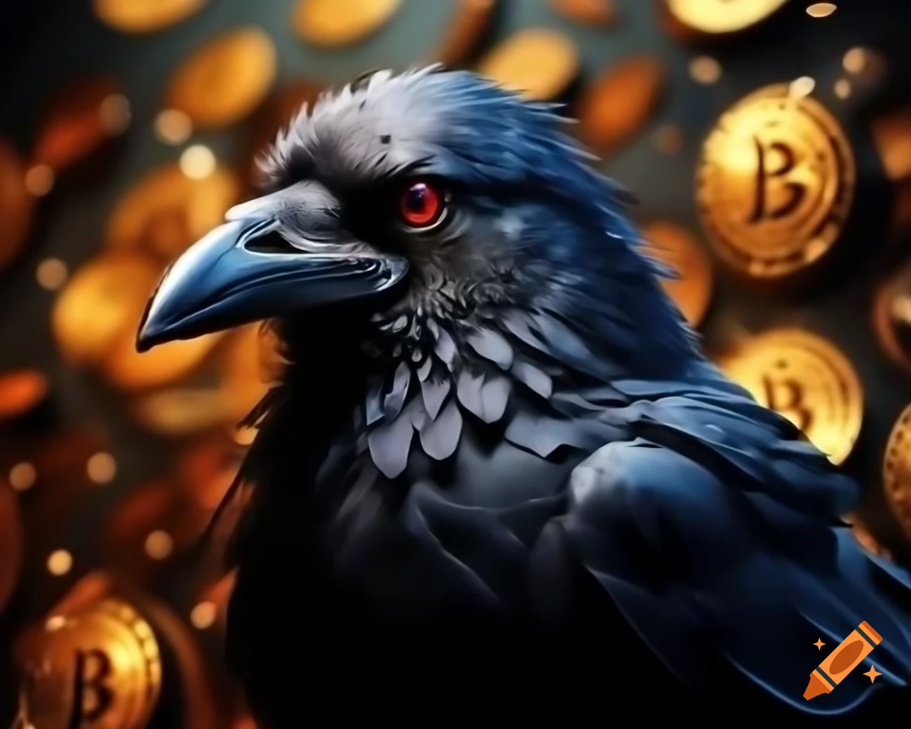 Crow with red eyes in front of golden bitcoins on Craiyon