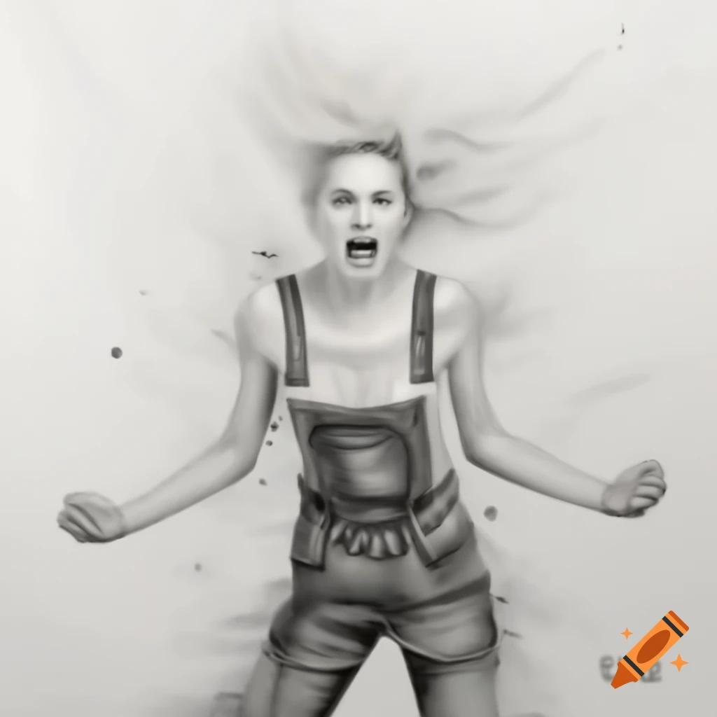 Dynamic pencil sketch of a blonde woman in overalls and sporty top