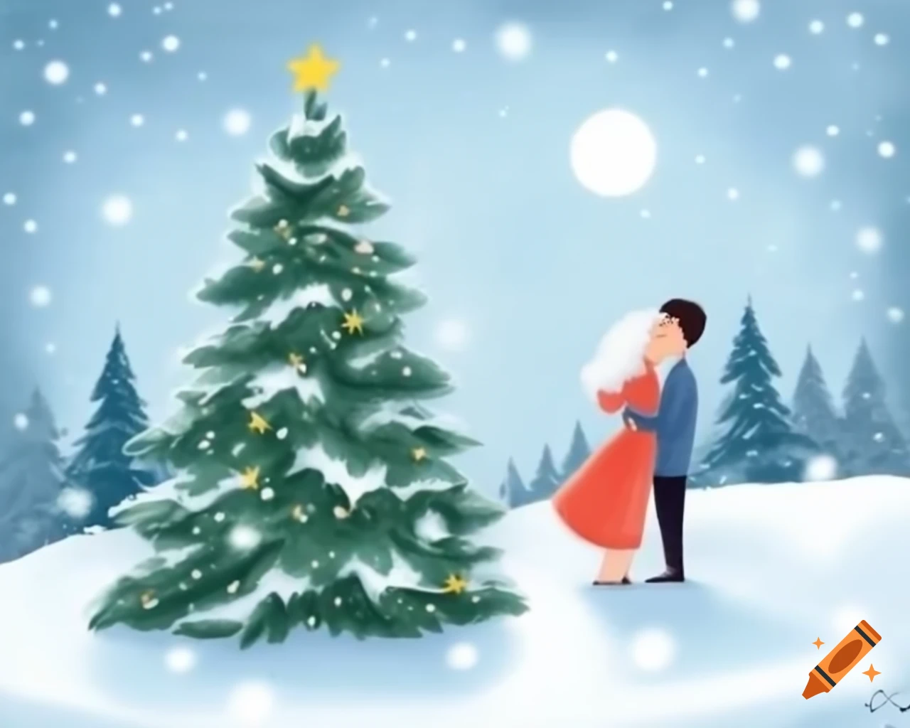 Couple kissing behind spruce tree in snow with detailed Christmas ...