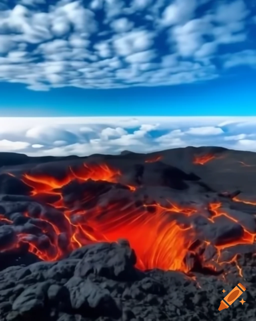 Lava landscape with blue sky and white clouds on the horizon