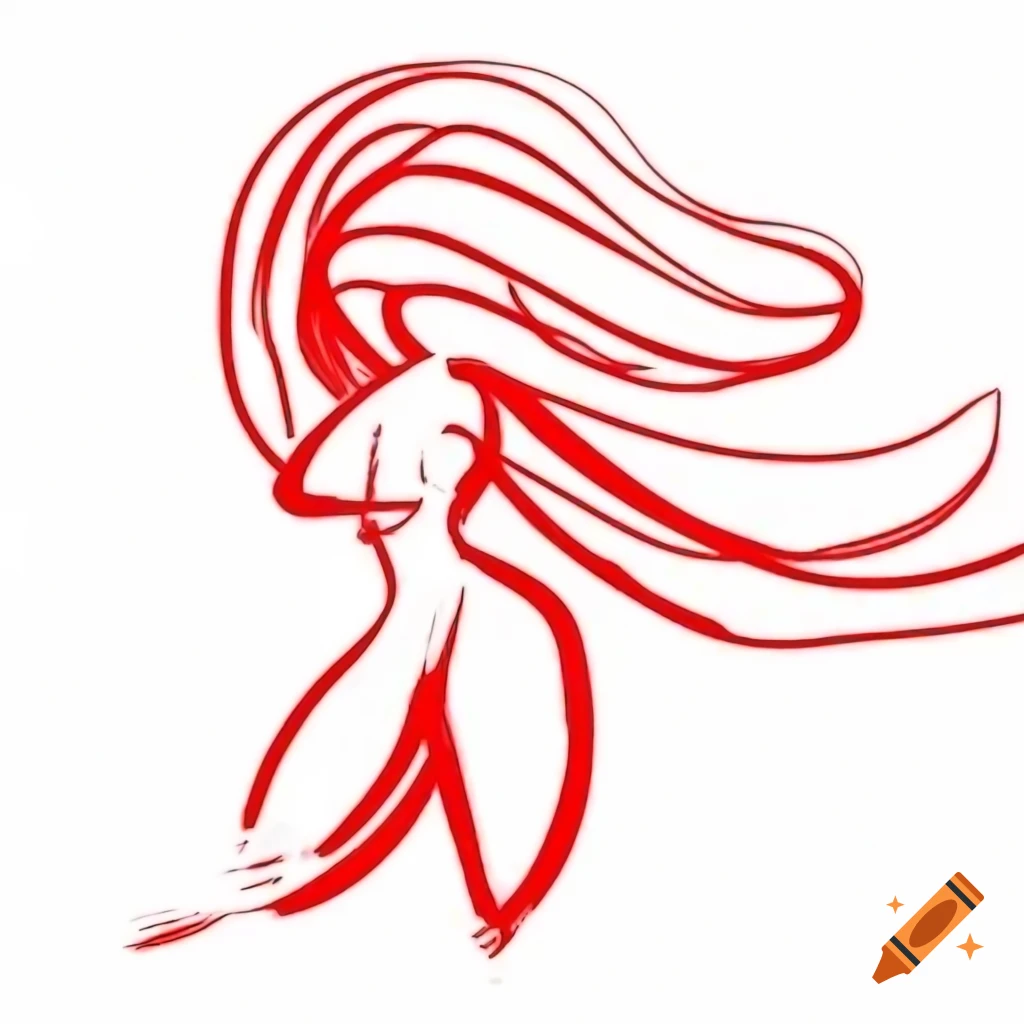 Abstract figure in red, black, and white with flowing hair, conveying movement and sensuality