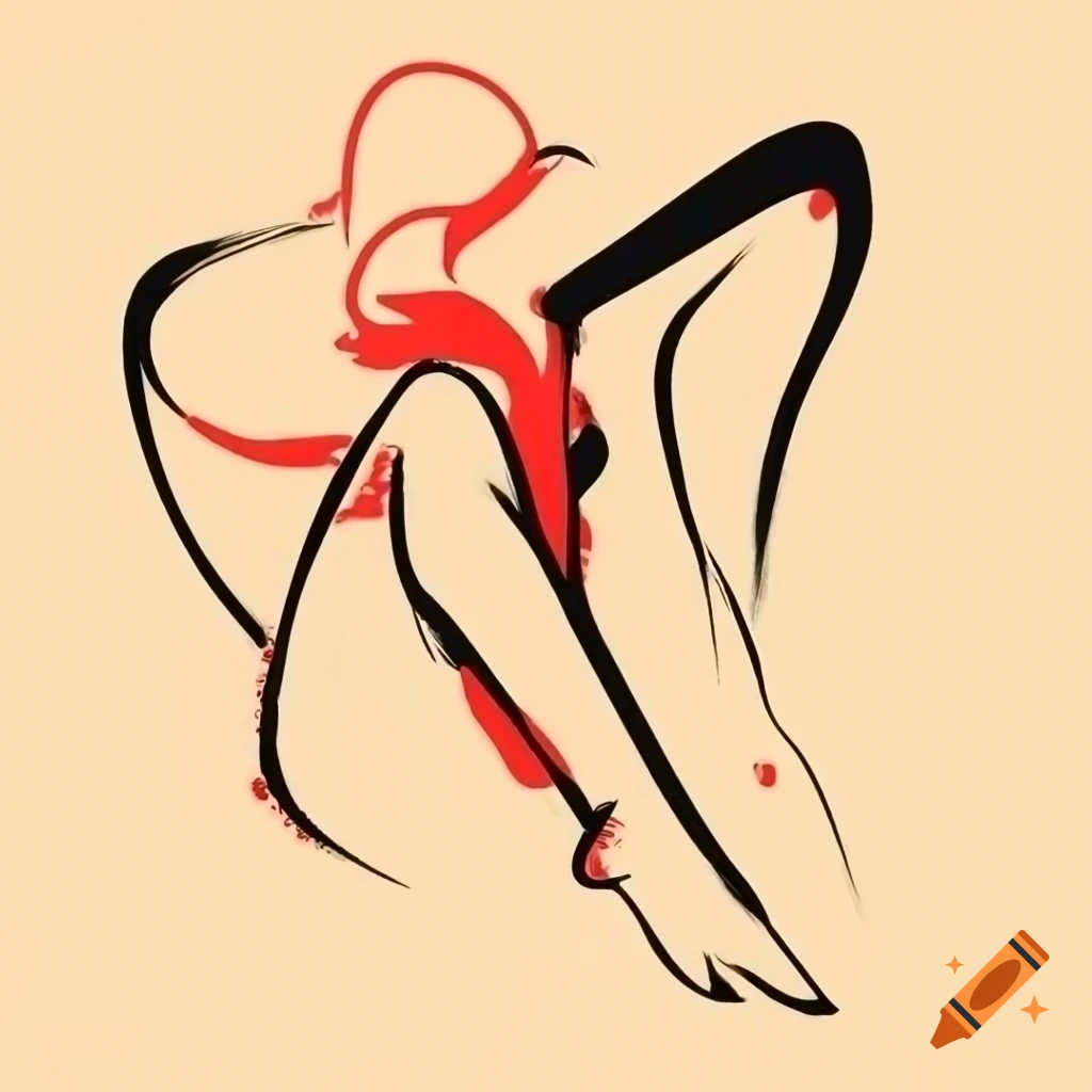 Abstract figure sketch in red, black, and white conveying sensuality and movement