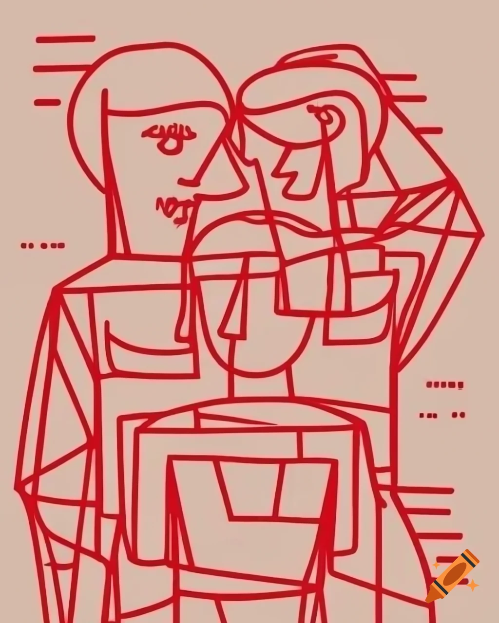 Abstract line drawing of stylized statues in red, black, and white
