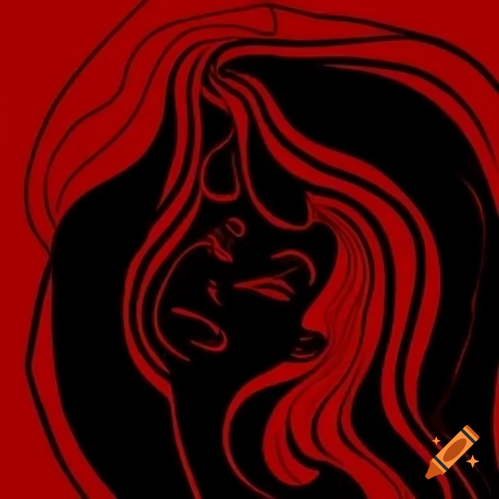 Abstract figure sketch in red, black, and white with flowing hair and curves