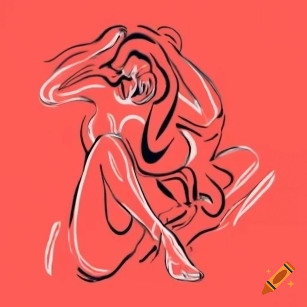 Abstract figure sketch in red, black, and white with flowing hair and curves