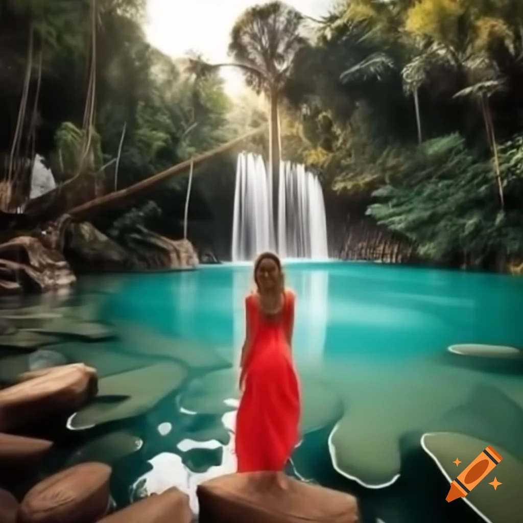 Woman in red dress standing in lake with waterfalls made of maple syrup