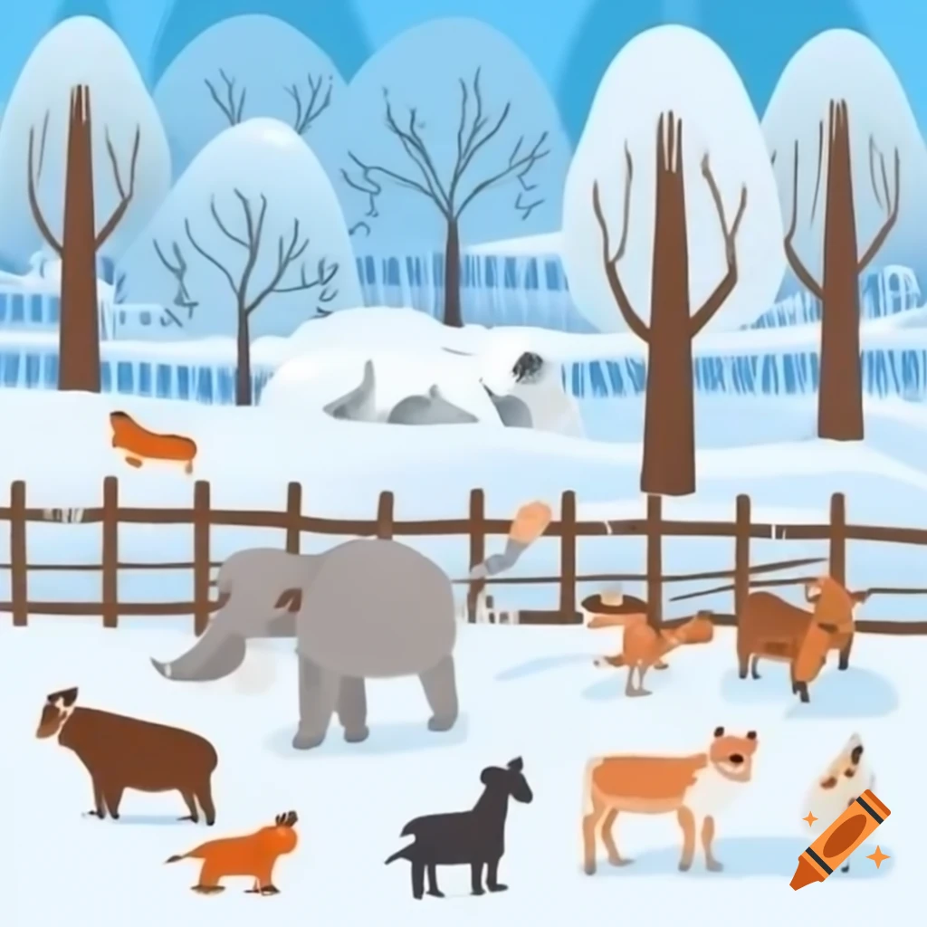 Zoo animals in snowy winter landscape