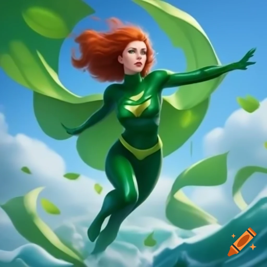 Female redhead superhero flying with cape of green leaves, symbolizing  clean air on Craiyon, image size:1024x1024