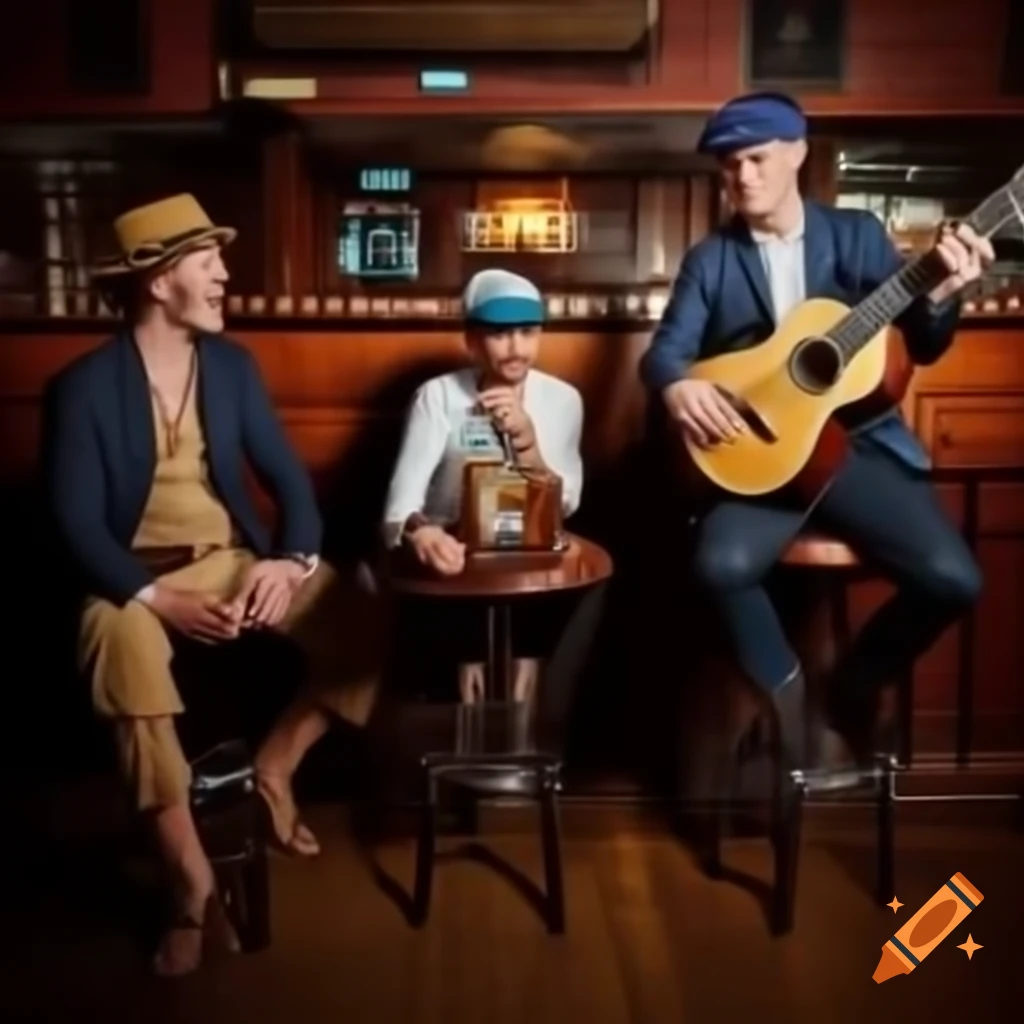 Three-piece band performing in a classic brown pub with drums and mandolin