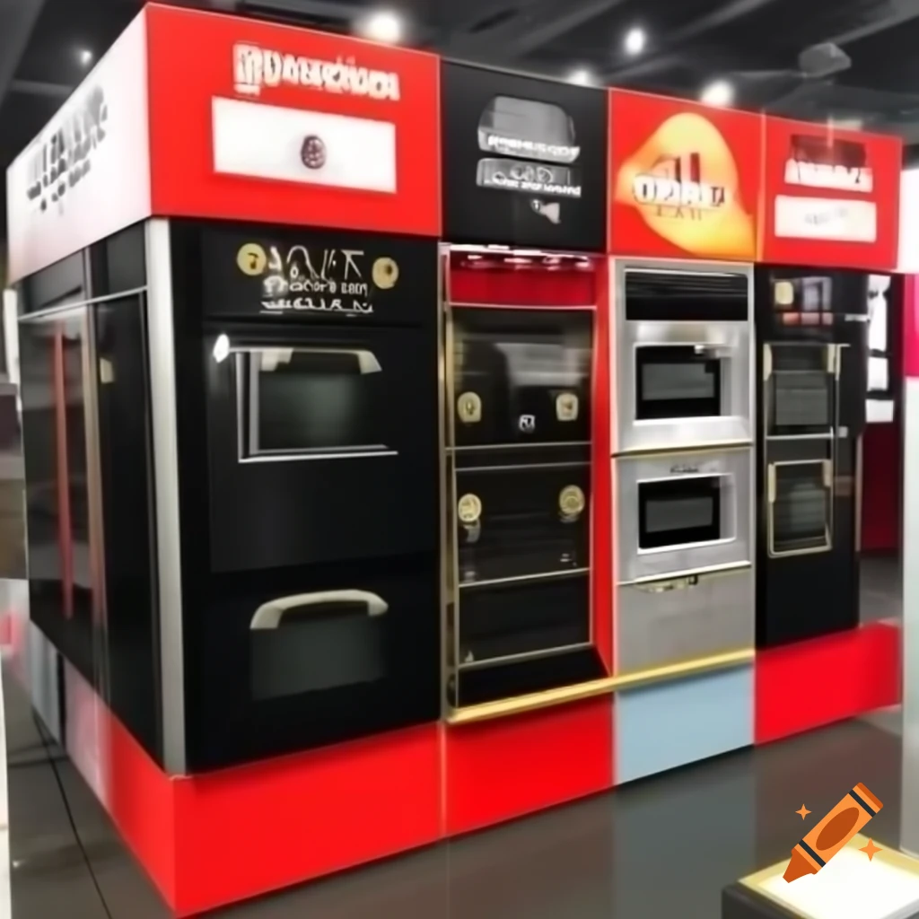 Home appliance sales exhibition stand with Datis brand products including gas oven, hood, sink, and tea maker