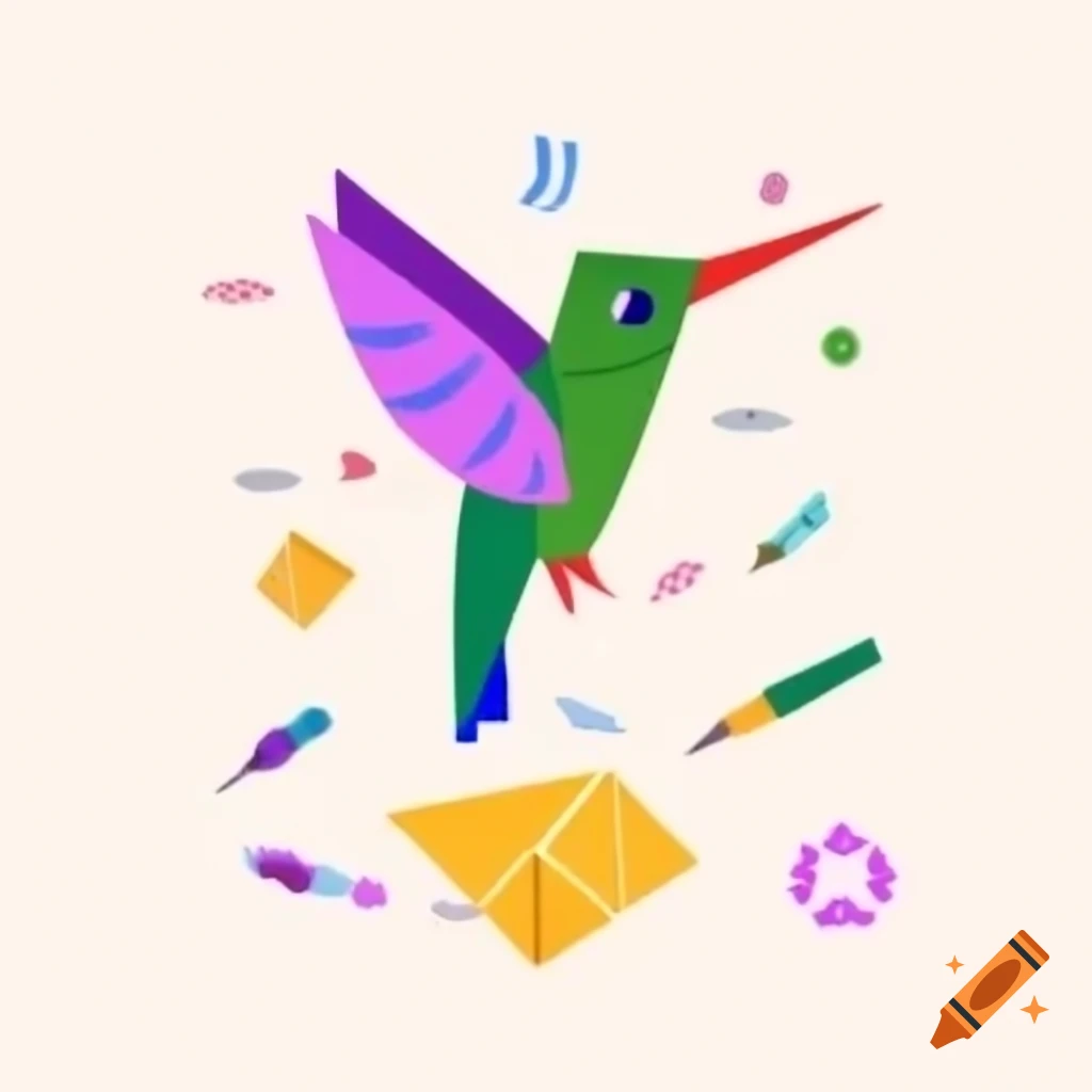 Origami hummingbird flying above scissors and glue gun