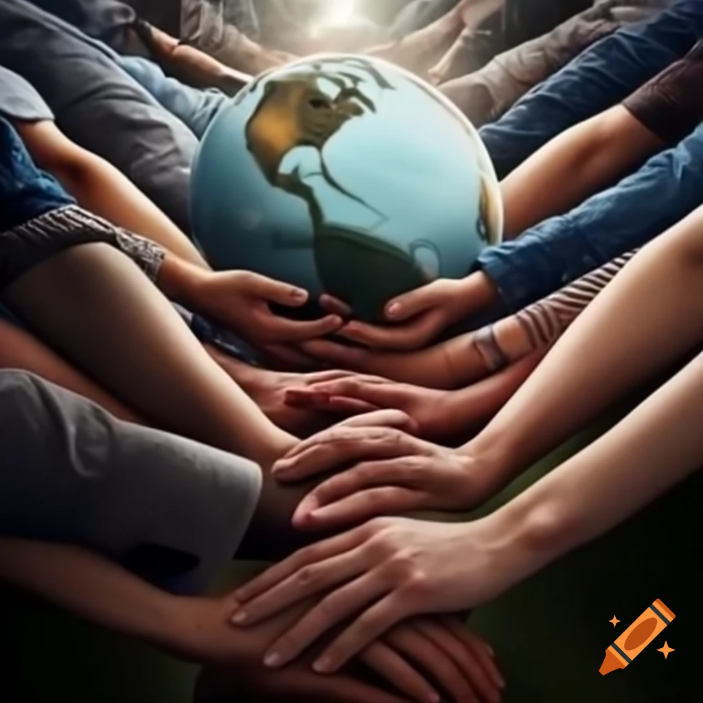 Diverse people holding hands around the globe symbolizing unity