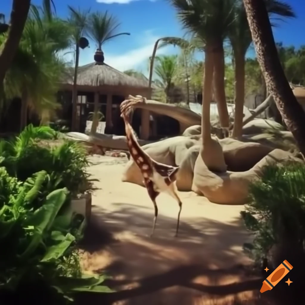 Beach themed zoo featuring various animals and aquatic elements
