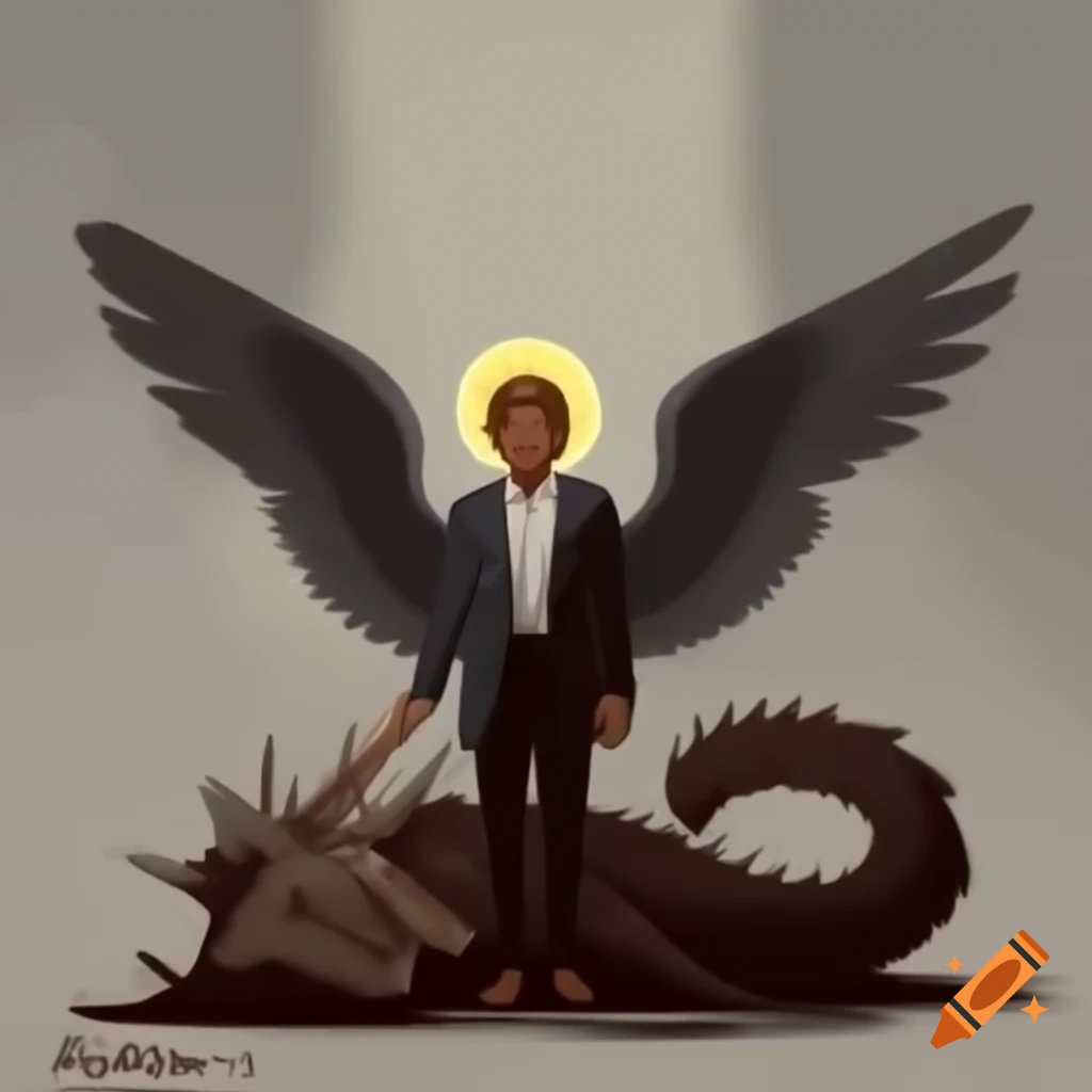 Archangel Michael with smoking gun stands over dead dragon in business suit, iconography style