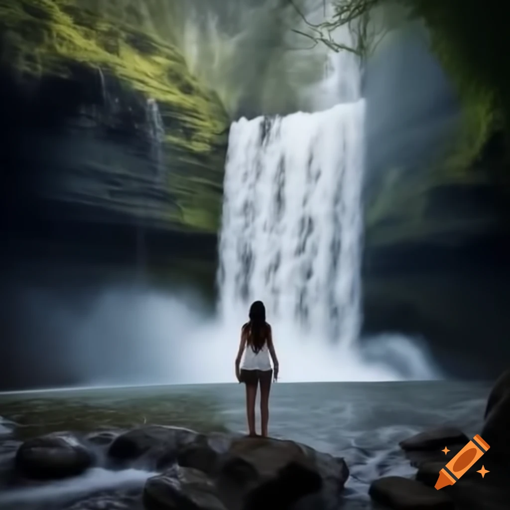 Waterfall with a woman standing nearby