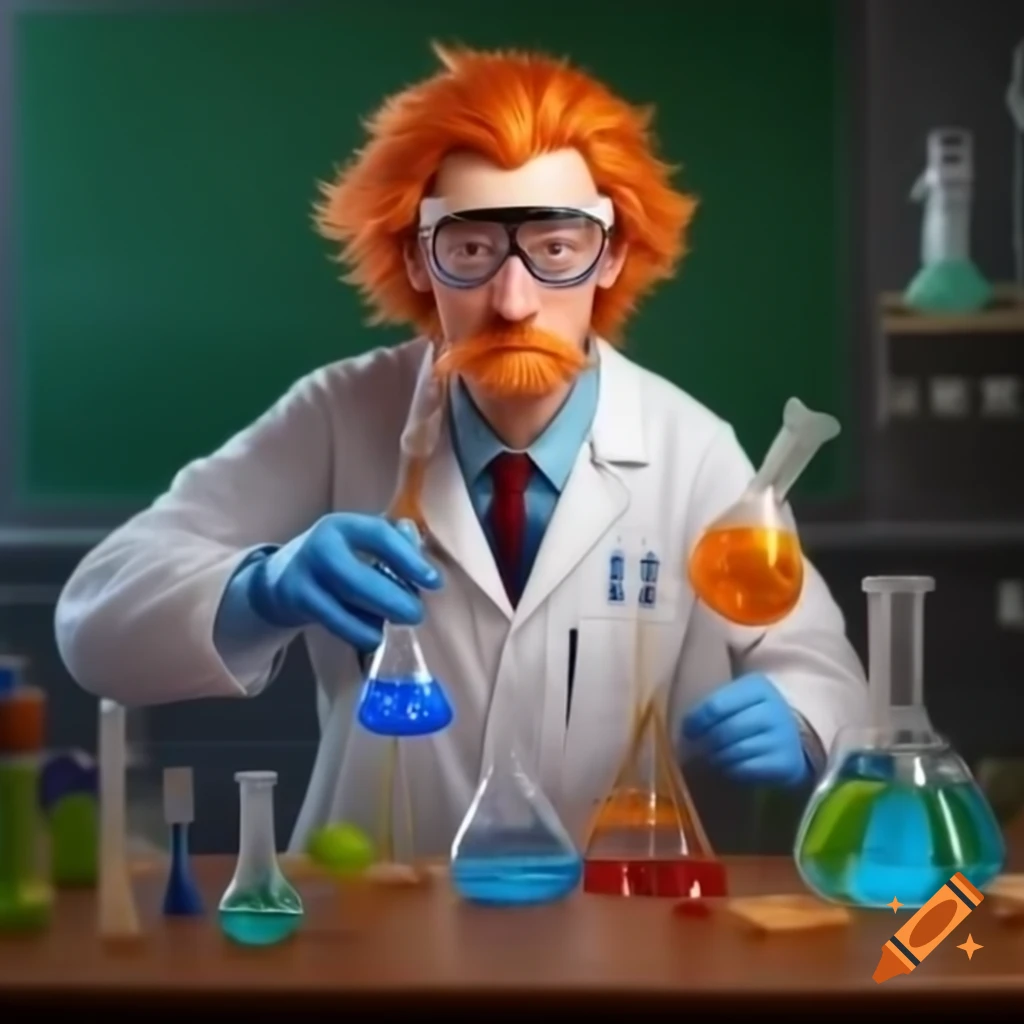 Science teacher with orange hair conducting an experiment