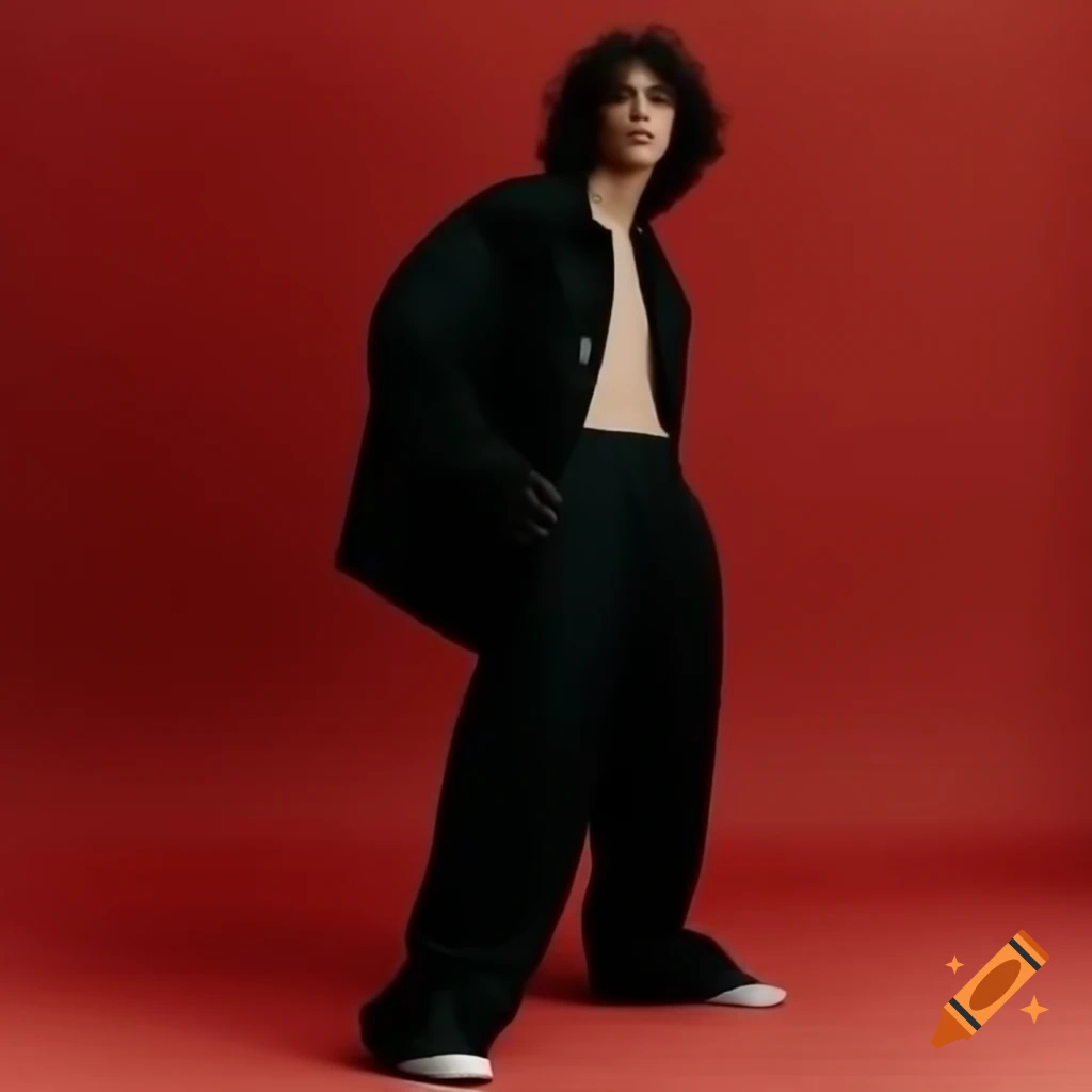 27-year-old male model in black oversized jacket and trousers