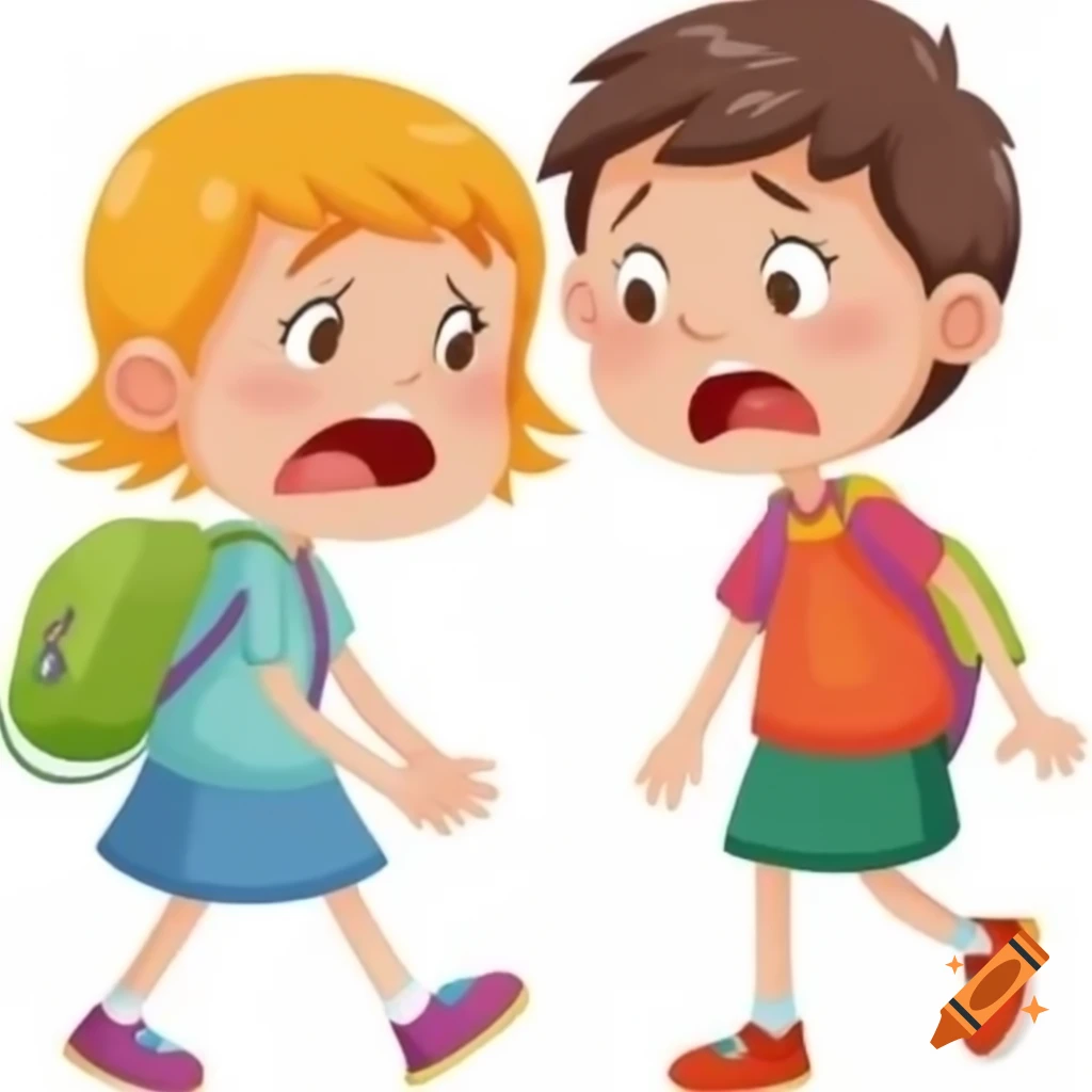 Two sad cartoon 1st graders walking and talking