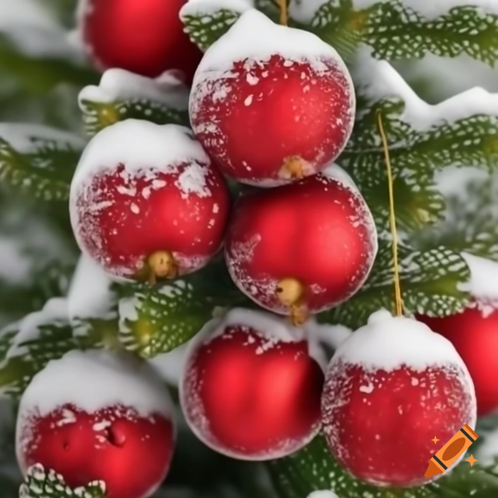 Outdoor christmas tree with red ornaments and snow on Craiyon